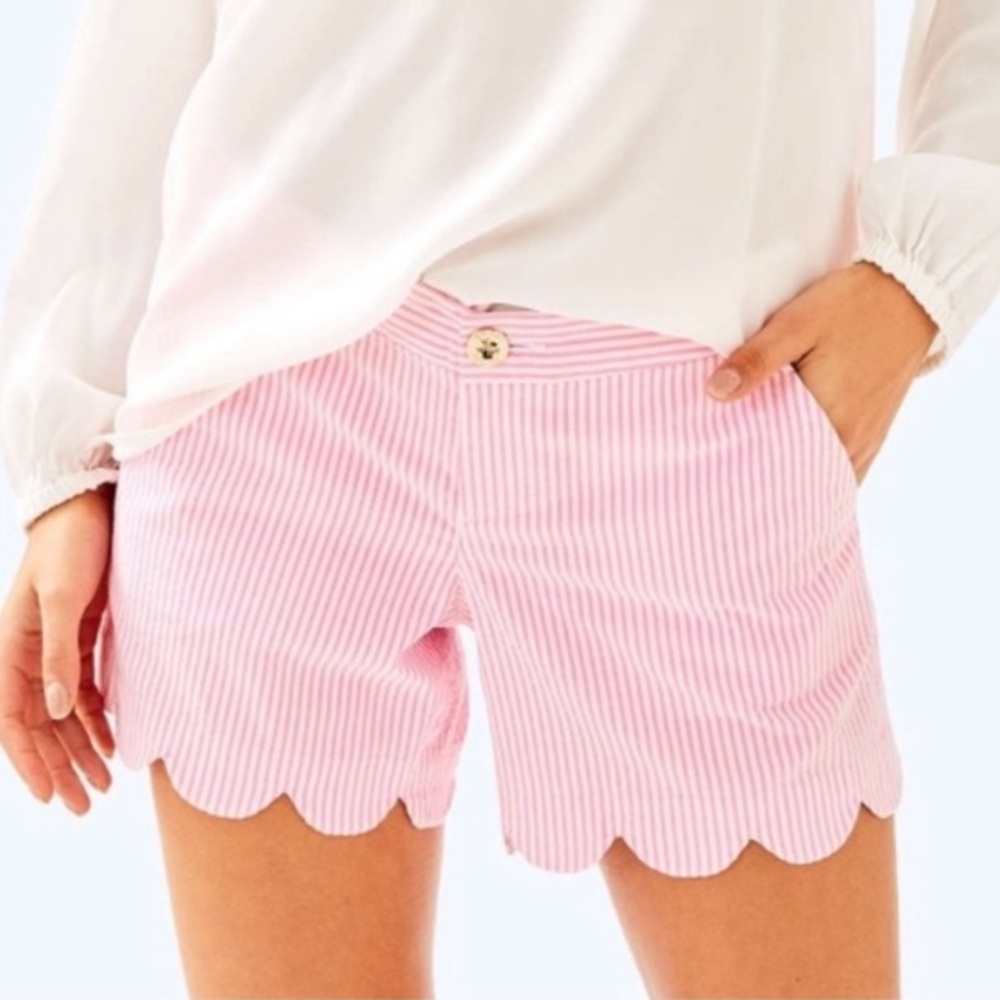 Lilly Pulitzer Pink & White Stripe Buttercup Shorts in Fancy Seersucker